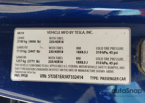 2019 Tesla Model 3 Long Range/Mid Range/Standard Range/Standard Range Plus from USA, damaged, VIN 5YJ3E1EA5KF332414